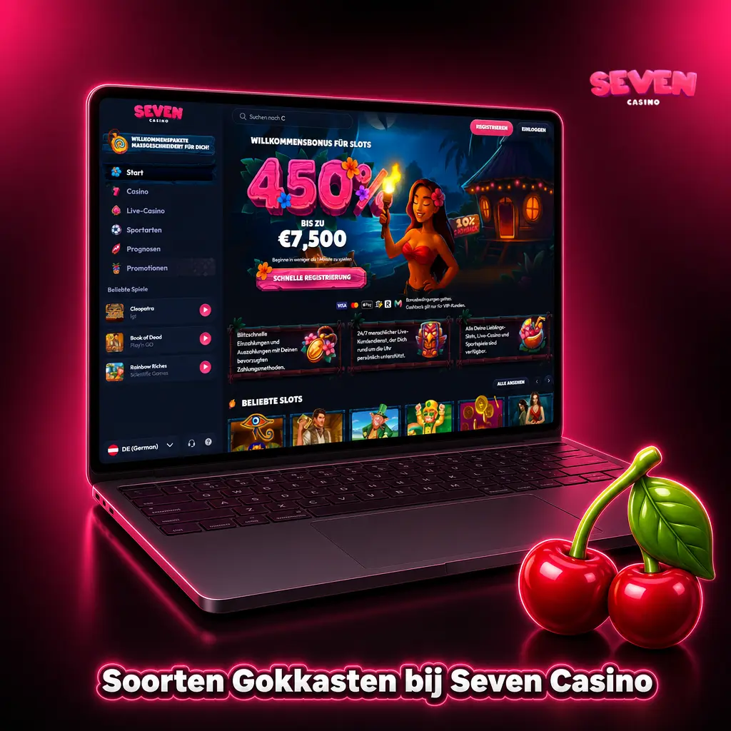 Overzicht van gokkasten bij Seven Casino met meer dan 7000 titels in categorieën zoals Megaways en jackpotslots